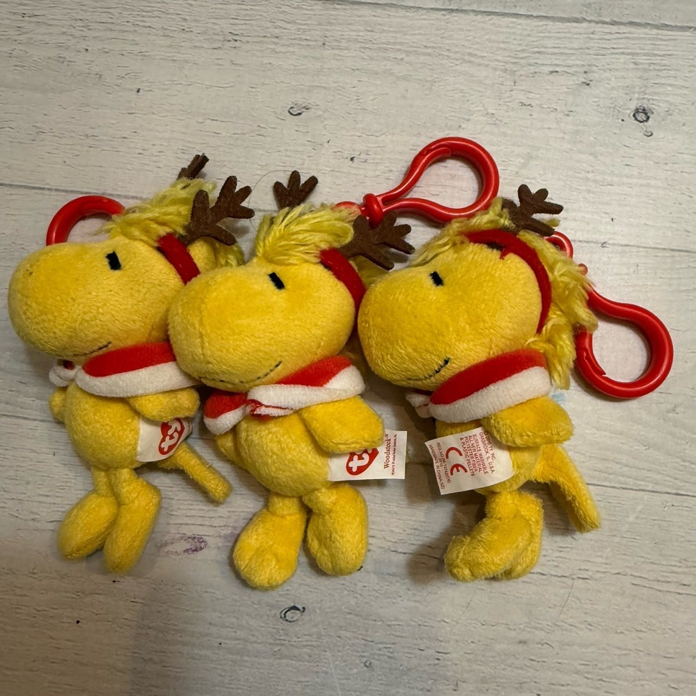 Ty Clip snoopy Woodstock Reindeer Antlers Beanie Baby‎ Bag/Key Charm 3 total